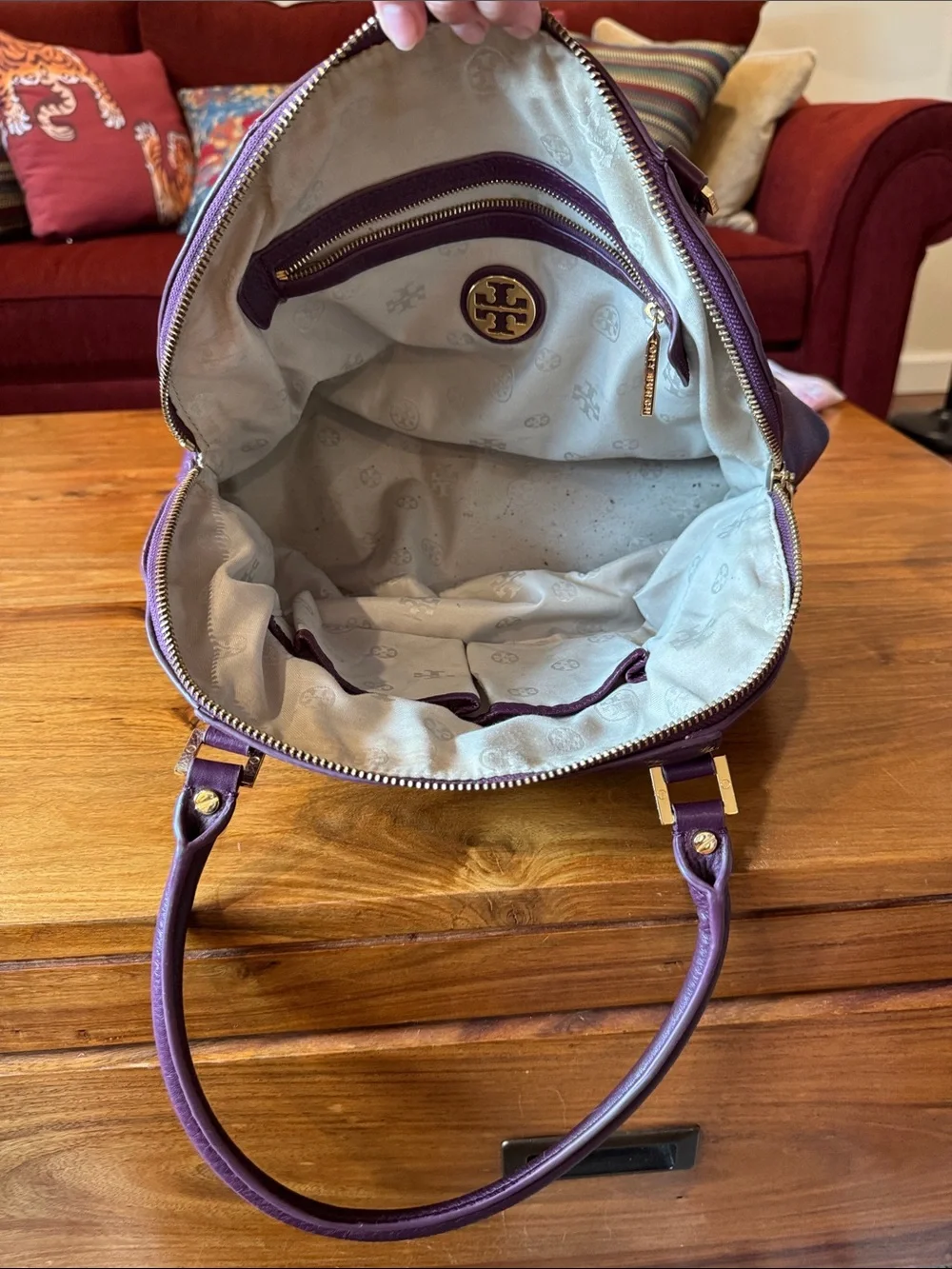 Tory Burch Purple Leather Logo Satchel with Gold Hardware